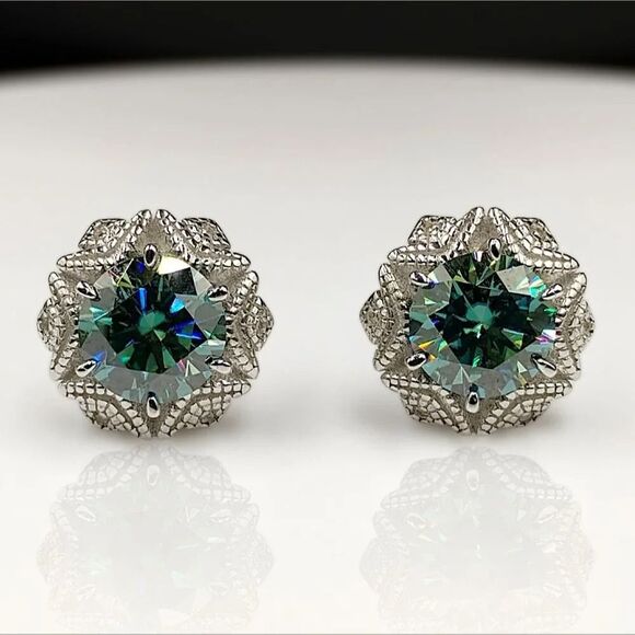 Jewelry - Certified 2ct Blue Green Moissanite Luxury Stud Earrings